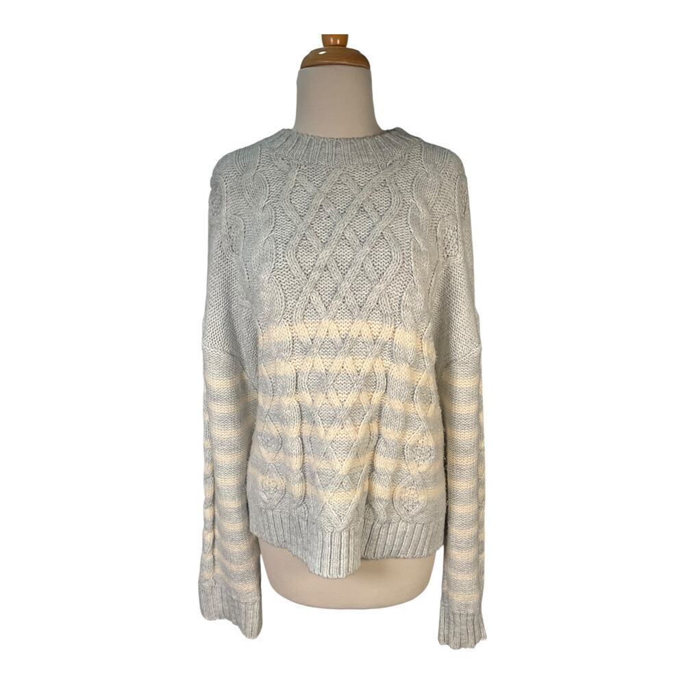 American Eagle Cable Knit Sweater XL Gray Cream Striped Chunky Crewneck Pullover